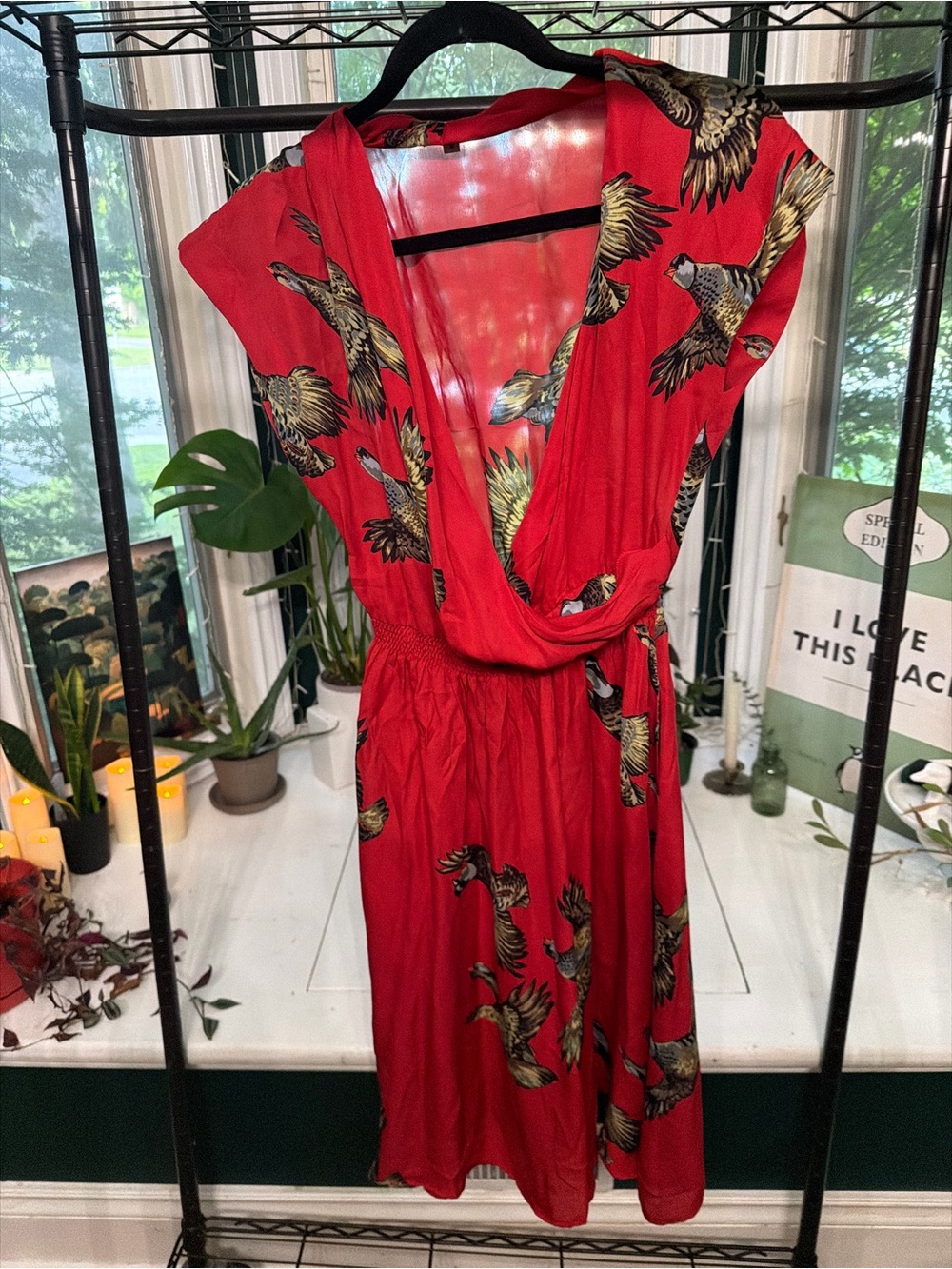 Tucker Red Bird-Print Wrap Dress 100% silk
